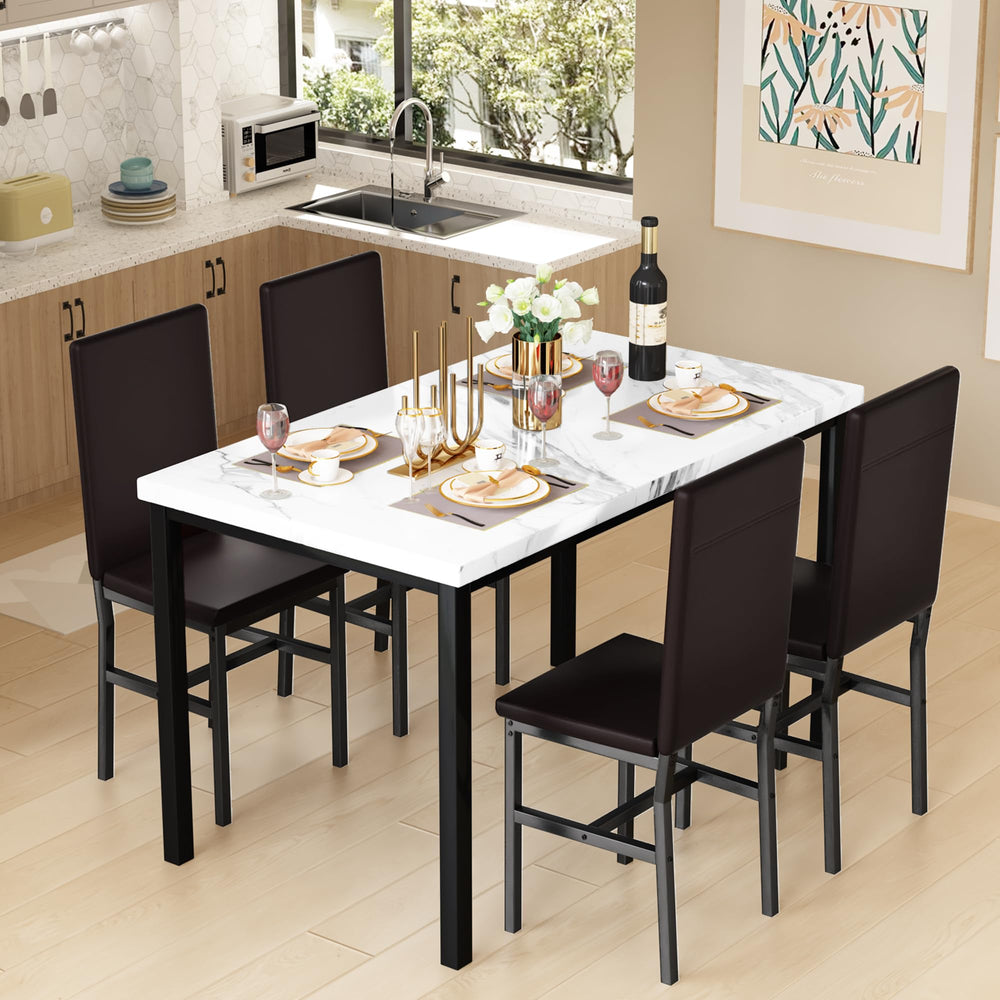 Dining Table Set for 4 with Faux Marble Top & Leather Chairs