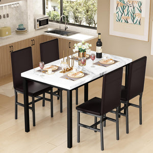 Dining Table Set for 4 with Faux Marble Top & Leather Chairs