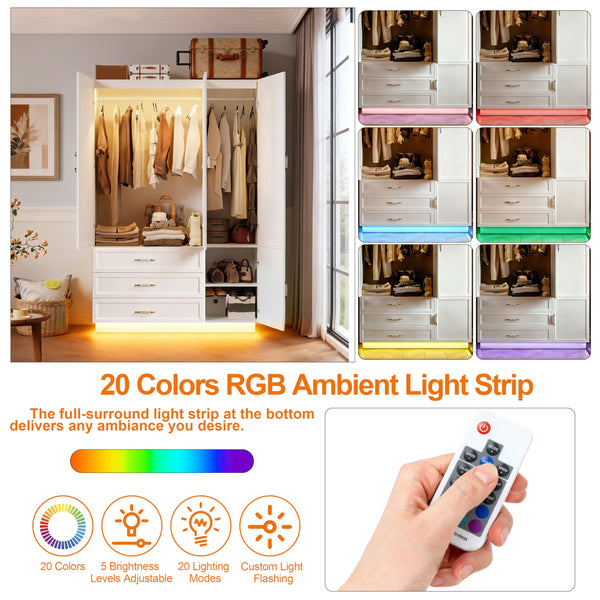 72" Wardrobe Armoire with LED Light & 3 Drawers