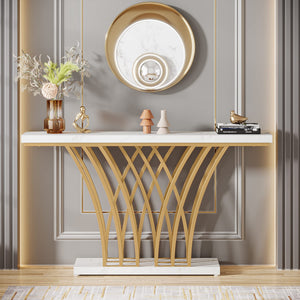 59-Inch Gold Console Table – White Faux Marble & Metal Base