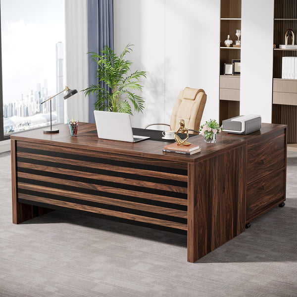 L-Shaped Executive Desk with Mobile File Cabinet and Storage Shelves
