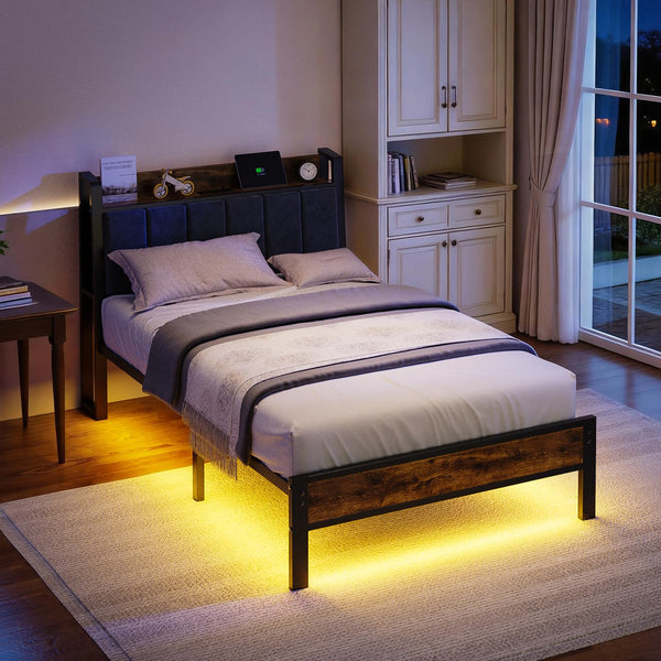 LED Platform Bed Frame with Storage Headboard & Charging Station