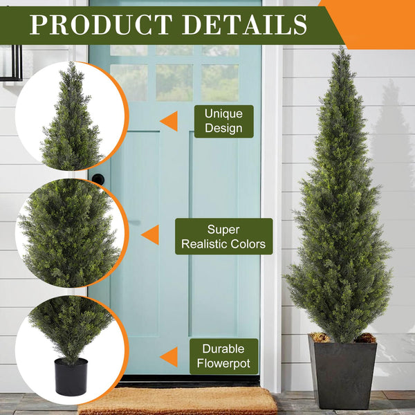 6FT Artificial Cedar Topiary Trees Set of 2 – UV-Resistant Outdoor Indoor Fake Potted Plants