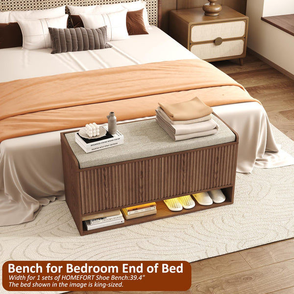 Fluted Shoe Storage Bench with LED Sensor Light