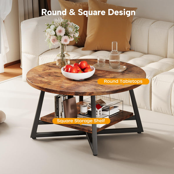 Round Coffee Table with Storage – 2-Tier Modern Wood & Metal Design