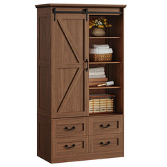 Sliding Barn Door Wardrobe with 4 Drawers & Hanging Rod — 71" Tall Bedroom Armoire