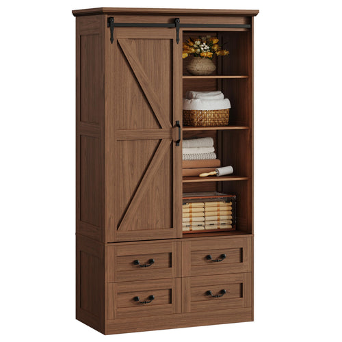 Sliding Barn Door Wardrobe with 4 Drawers & Hanging Rod — 71" Tall Bedroom Armoire
