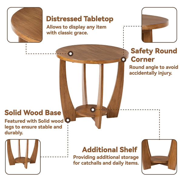 Round Farmhouse End Table with Storage Shelf