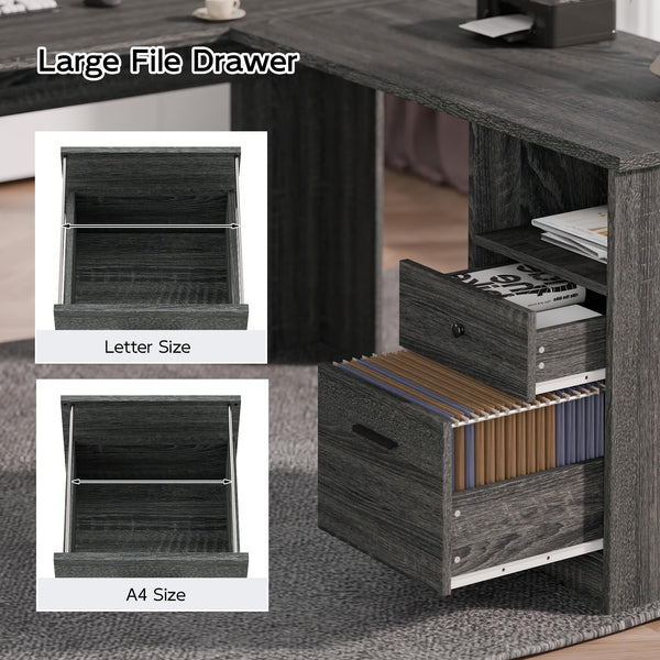 L-Shaped Desk with File Cabinet & Power Outlets – 60 Inch Corner Computer Desk