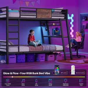 Twin Over Twin Bunk Bed with Desk, LED Lights & Power Outlets