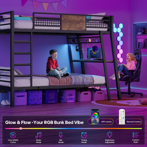 Twin Over Twin Bunk Bed with Desk, LED Lights & Power Outlets