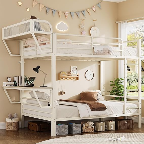 Twin Over Twin Metal Bunk Bed with Desk & Charging Station