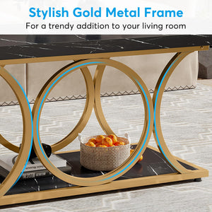 47" 2-Tier Rectangle Coffee Table with Faux Marble Top & Geometric Metal Legs