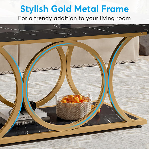 47" 2-Tier Rectangle Coffee Table with Faux Marble Top & Geometric Metal Legs
