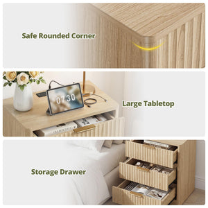 Fluted Nightstand Set of 2 with Charging Station & 3 Drawers