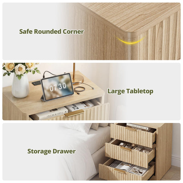 Fluted Nightstand Set of 2 with Charging Station & 3 Drawers