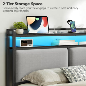 Queen Upholstered Storage Headboard with LED Lights & Charging Station