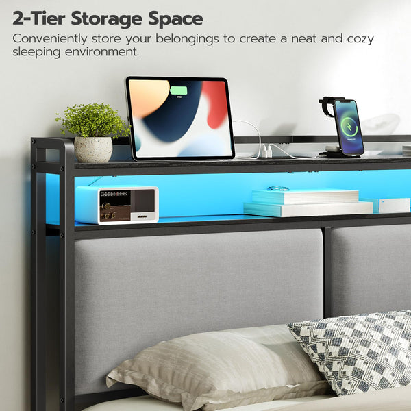 Queen Upholstered Storage Headboard with LED Lights & Charging Station