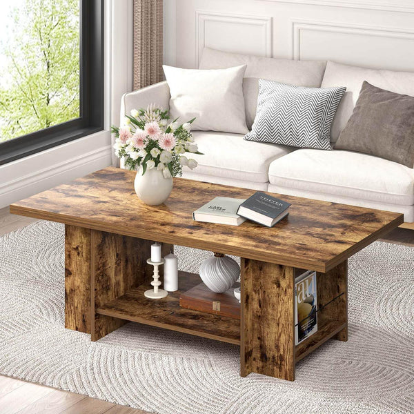 Rustic 2-Tier Coffee Table with Storage Shelves