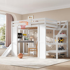 Full Size Kids Loft Bed with Slide, Desk & Storage