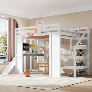 Full Size Kids Loft Bed with Slide, Desk & Storage