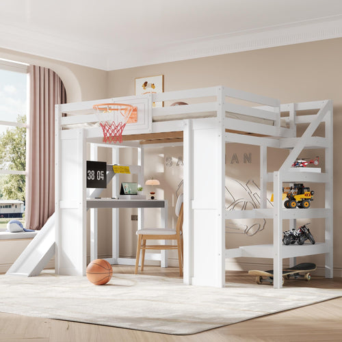 Full Size Kids Loft Bed with Slide, Desk & Storage