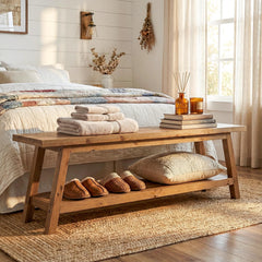 Solid Wood End-of-Bed Bench with Storage Shelf
