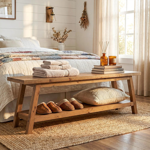 Solid Wood End-of-Bed Bench with Storage Shelf