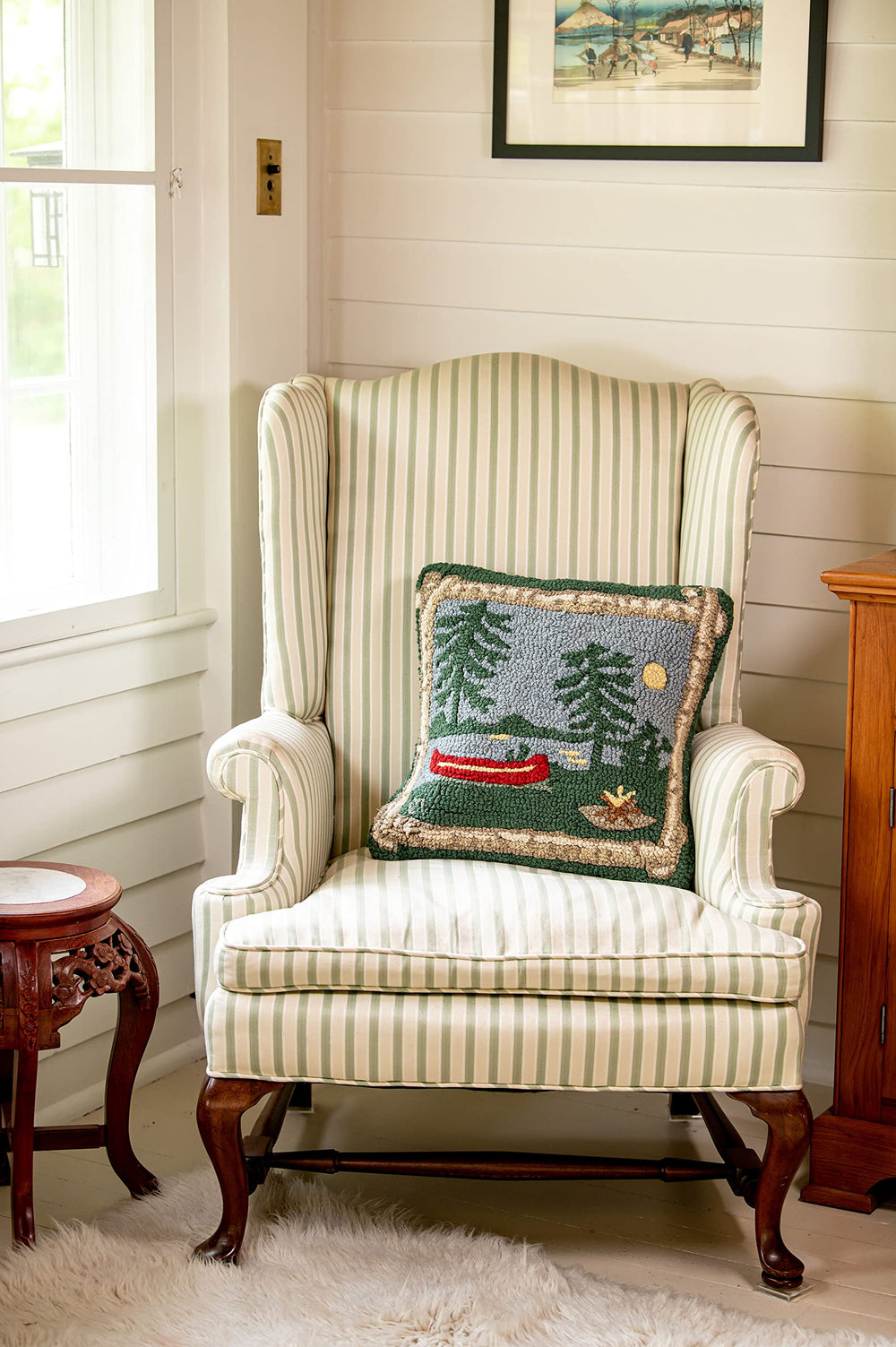 Hand-Hooked Wool Throw Pillow 18x18 – Green Blue