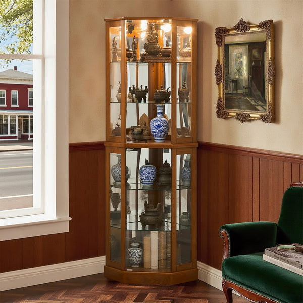 Lighted Corner Curio Cabinet with Glass Doors & Adjustable Shelves