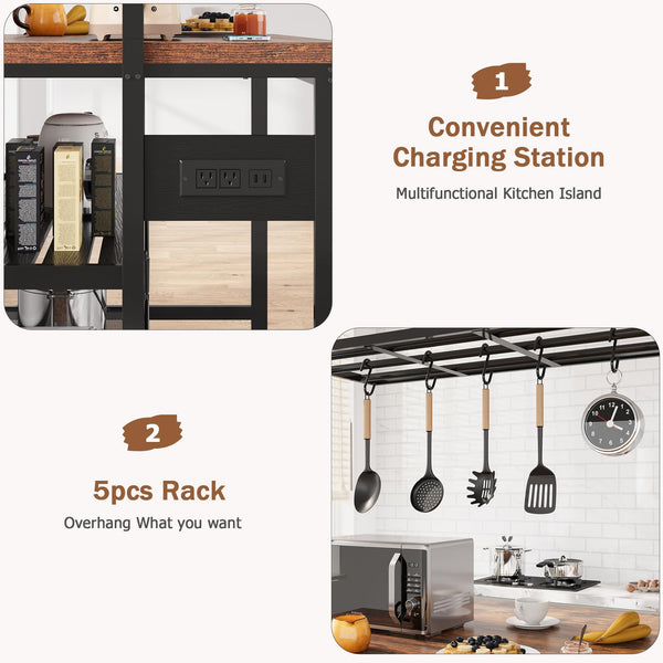 Kitchen Island with Power Outlets & Baker's Rack