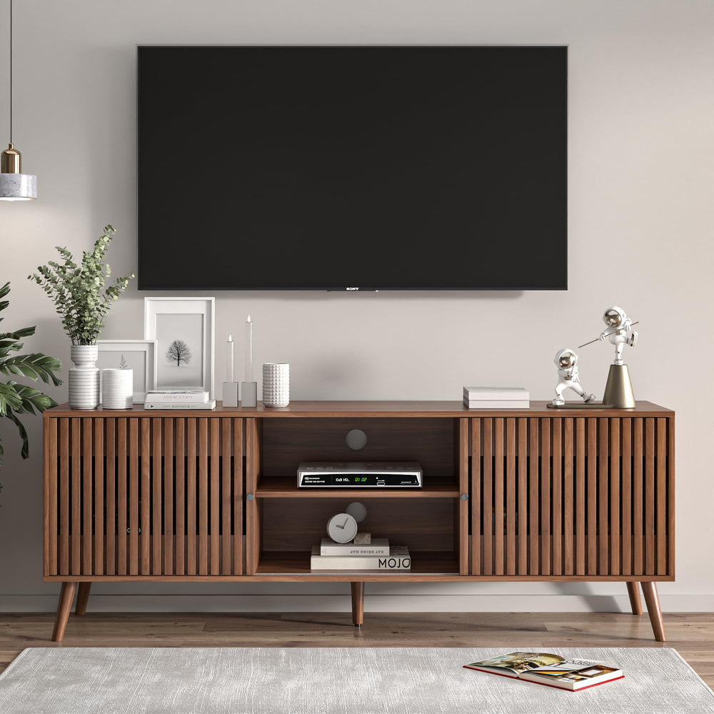 Mid Century Modern TV Stand with Sliding Doors and Storage