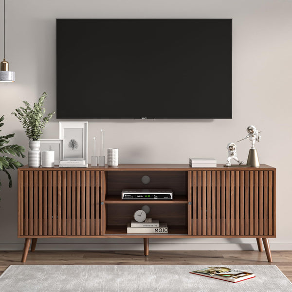 Mid Century Modern TV Stand with Sliding Doors and Storage