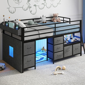 Twin Low Loft Bed with Storage Drawers, Bookcase & LED Lights