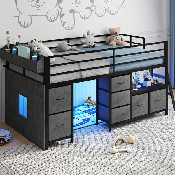 Twin Low Loft Bed with Storage Drawers, Bookcase & LED Lights