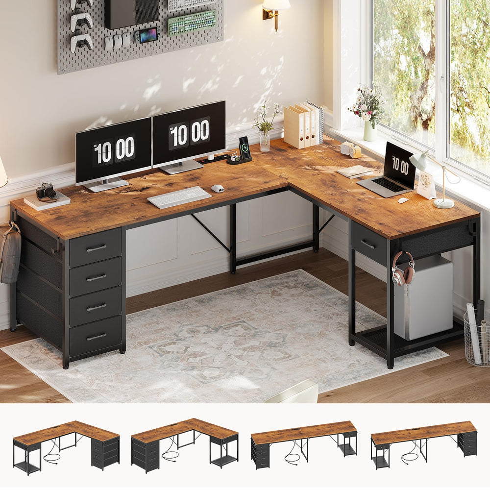 L-Shaped Desk with Drawers & Power Strip