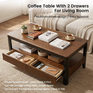 Mid-Century Solid Wood Coffee Table with 2 Drawers & Open Shelf
