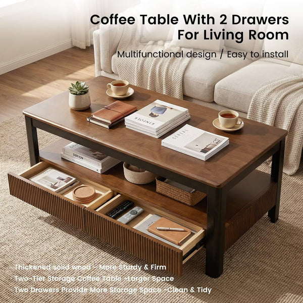 Mid-Century Solid Wood Coffee Table with 2 Drawers & Open Shelf