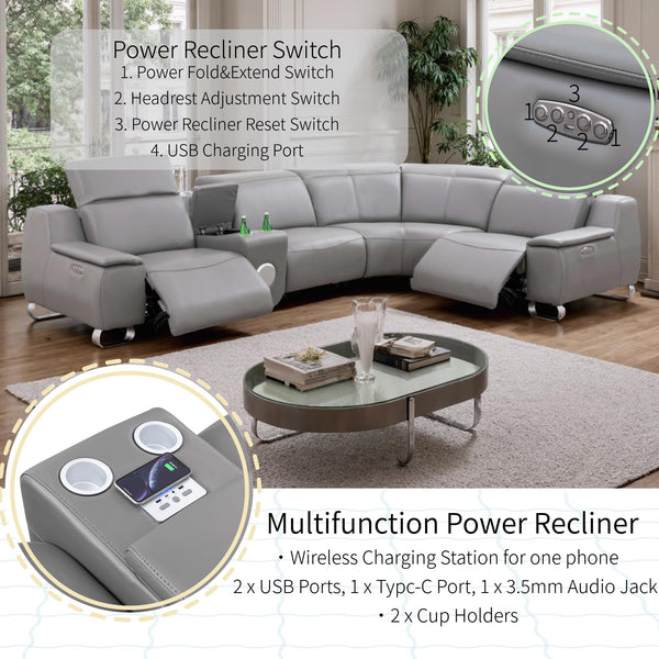 4-Seat Leather Electric Recliner Sectional Sofa with USB Charging & Bluetooth