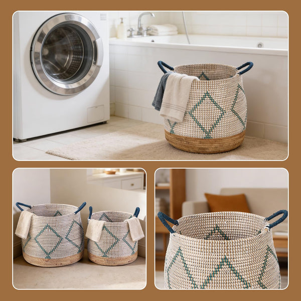 Seagrass Storage Basket Set of 4 – 2 Round & 2 Square Woven Bins with Handles