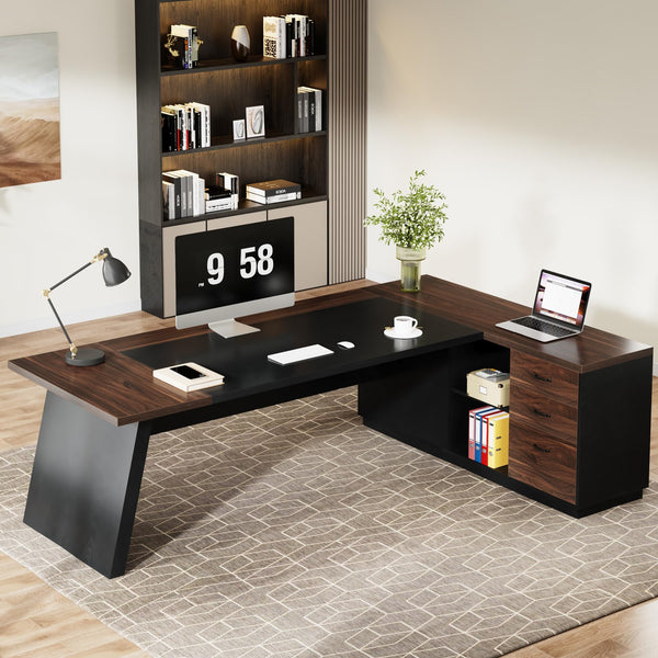 L-Shaped Executive Desk with Drawers and File Cabinet
