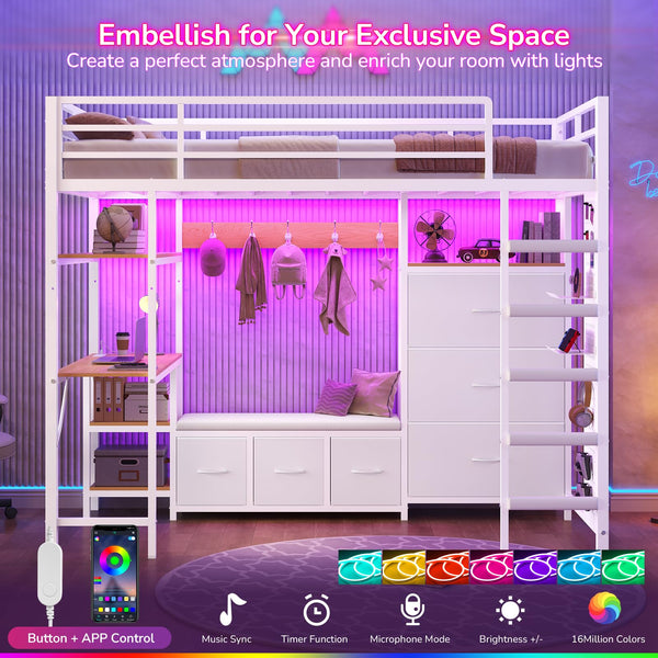 Twin Loft Bed with Desk, Storage & LED Lights