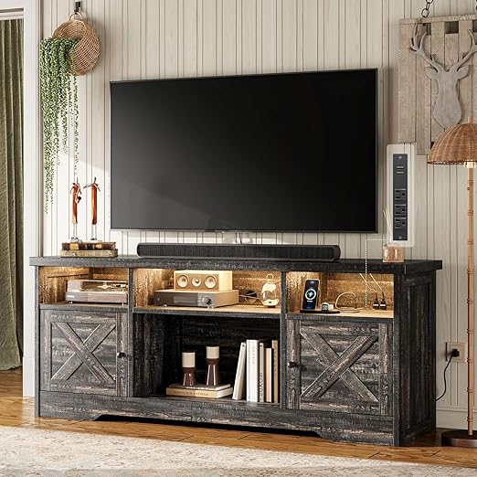 65-Inch Farmhouse TV Stand with LED Lights, Power Outlet & Storage Cabinets