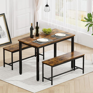 4-Person Dining Table Set with 2 Benches