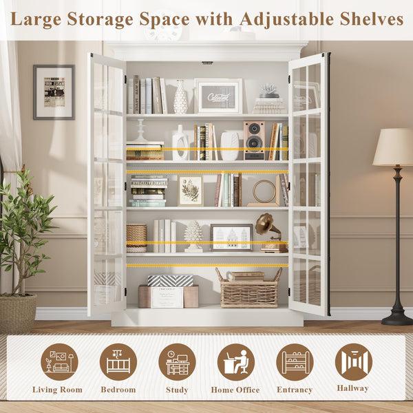 65" Glass Door Display Cabinet – 5-Tier Bookcase with Adjustable Shelves