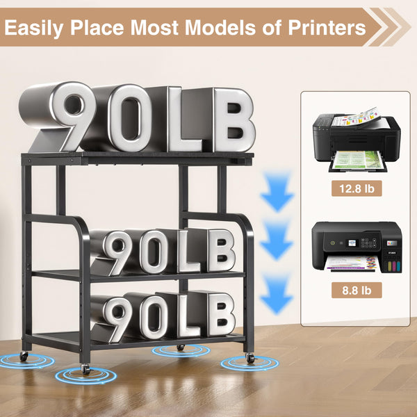 Mobile Printer Stand with 3-Tier Shelf & Large Desktop