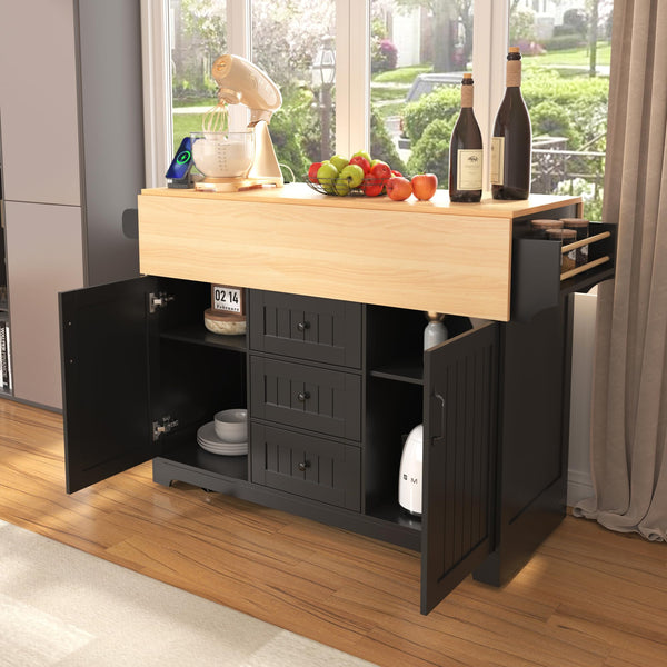 Rolling Kitchen Island with Drop Leaf Countertop & Power Outlets