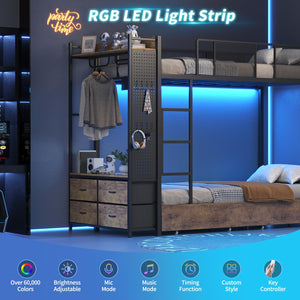Twin Over Twin Bunk Bed with Storage Drawers, LED Lights & Charging Station