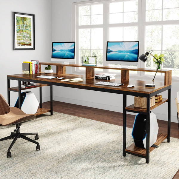 2-Person Desk with Monitor Stand & Storage Shelves, 78.74"