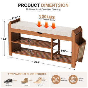 Bamboo Shoe Rack Bench with Cushion & Flip-Top Storage